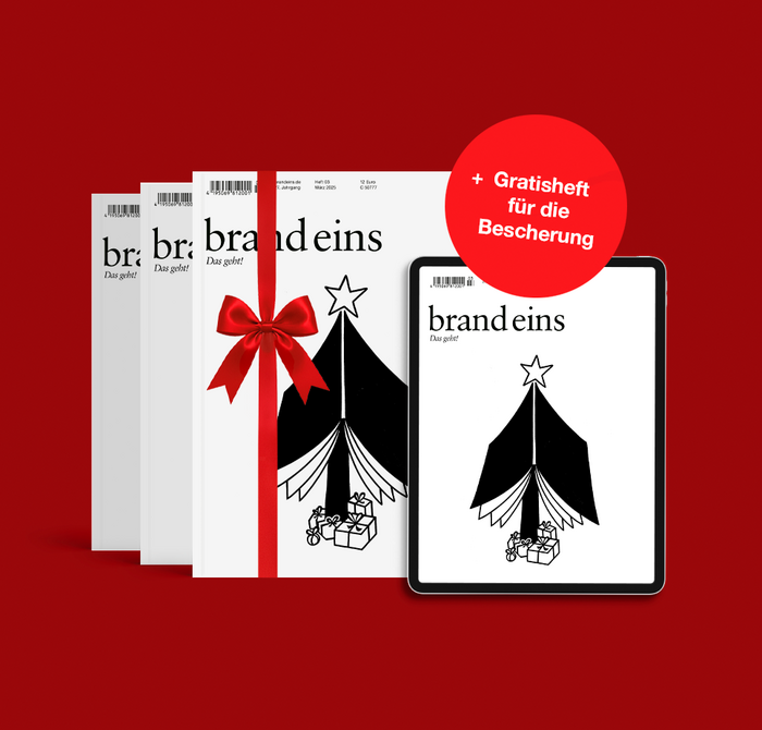 Das Bild zeigt eine Sammlung von drei Zeitschriften oder Büchern mit einem weihnachtlichen Thema, die jeweils mit einem roten Band verziert sind. Die Bücher tragen die Titel "brandeins" und "Das gelt" (Weihnachtsgeschenk), was darauf hindeutet, dass sie einen Bezug zu weihnachtlichen Inhalten haben. Auf dem Bild ist auch eine Tafel zu sehen, die von einem roten Kreis umgeben ist und den Text "Gratisheft für die Bescherung" enthält. Dieses Bild ist für die EAA zugänglich, da es als "zugängliche Website" und "zugängliche Inhalte" im Sinne des EAA-Logos beschrieben wird.