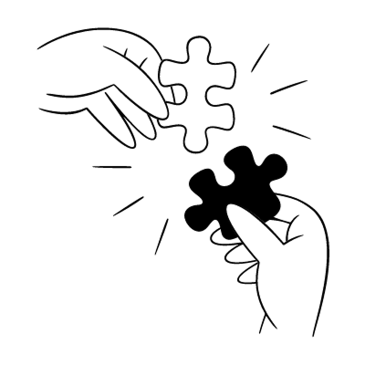 Das Bild ist eine einfache Strichzeichnung, die zwei Hände zeigt, die sich nach einem Puzzleteil strecken, um Zusammenarbeit oder Teamwork zu symbolisieren. Die Hände sind durch eine Linie verbunden, was auf ein gemeinsames Ziel hinweist. Das Puzzleteil ist als schwarze Form dargestellt, die sich von dem weißen Hintergrund abhebt. Die Gesamtkomposition ist minimalistisch und geradlinig und konzentriert sich auf die Interaktion zwischen den Händen und dem Puzzleteil.