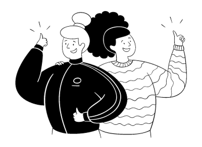 Das Bild ist eine Schwarz-Weiß-Illustration, die zwei Personen zeigt, die beide lächeln und den Daumen nach oben zeigen. Sie stehen nahe beieinander, wobei eine Person links und die andere rechts steht. Die Illustration ist einfach und geradlinig und konzentriert sich auf die beiden Personen und ihren Ausdruck von Positivität.