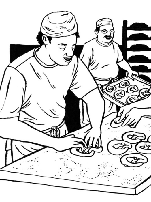 Das Bild ist eine Schwarz-Weiß-Illustration, die zwei Männer zeigt, die in einer Bäckerei arbeiten. Ein Mann sitzt an einem Tisch und ist mit der Zubereitung von Krapfen beschäftigt, während der andere Mann hinter ihm steht und möglicherweise den Prozess überwacht oder darauf wartet, dass er an die Reihe kommt. Die Szene spielt in einer Küche, in der verschiedene Krapfen auf dem Tisch und im Hintergrund zu sehen sind.