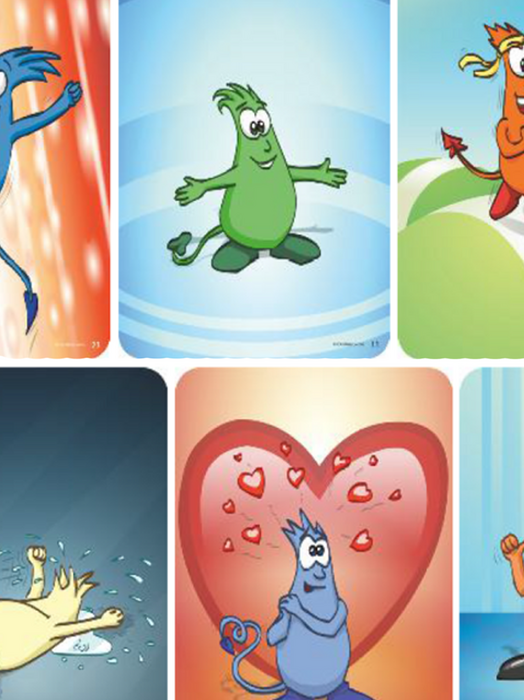 Das Bild ist eine Collage aus sechs bunten Cartoon-Illustrationen, die verschiedene Tiere und Gegenstände zeigen. Die Illustrationen sind in einem Rasterformat angeordnet, mit drei Bildern in der oberen Reihe und drei in der unteren Reihe. Jedes Bild zeigt eine andere Szene, darunter eine Figur mit einem blauen Körper und einem gelben Kopf, eine grüne Figur mit einem roten Körper und eine rote Figur mit einem gelben Kopf. Die Illustrationen sind lebendig und ansprechend, mit hellen Farben und verspielten Designs.