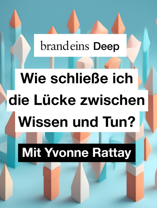 Bei dem Bild handelt es sich um ein grafisches Design mit einem blauen Hintergrund und einer Ansammlung von bunten, geometrischen Formen, die an ein 3D-Modell oder Blöcke erinnern. Das Text-Overlay enthält eine Frage auf Deutsch: "Wie schliebe ich die Luke zwischen Wissen und Tun?" und den Namen "Mit Yvonne Rataylor" am unteren Rand. Das Design scheint zugänglich und benutzerfreundlich zu sein, wobei der Text und die Formen optisch ansprechend angeordnet sind.