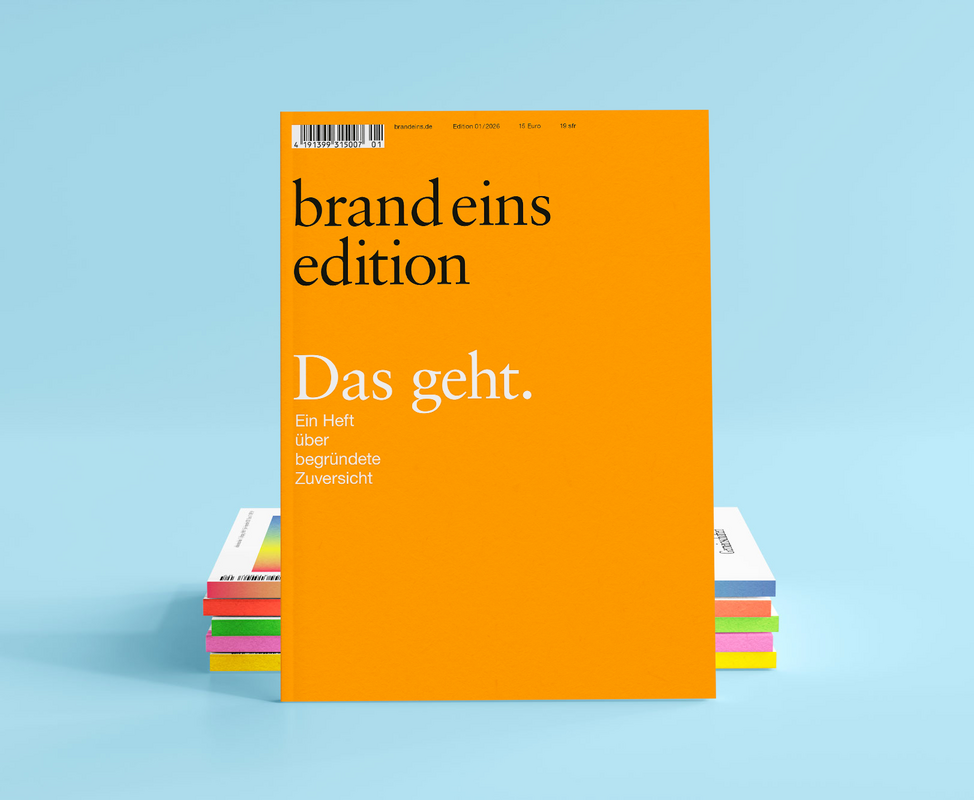 Das Bild zeigt einen Stapel bunter Bücher vor einem blauen Hintergrund. Die Bücher sind so angeordnet, dass sie aus verschiedenen Blickwinkeln sichtbar sind, wodurch eine optisch ansprechende Komposition entsteht. Im Mittelpunkt des Bildes steht ein Buch mit dem Titel "brand eins edition" in fetter orangefarbener Schrift, die sich von dem blauen Hintergrund abhebt. Bei dem Buch scheint es sich um eine Zeitschrift oder eine Publikation zu handeln, die möglicherweise mit dem Inhalt der darunter liegenden Bücher zusammenhängt.