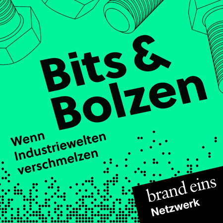 Das Bild ist ein Grafikdesign für eine Website mit grünem Hintergrund und schwarzem Text und Grafiken. Der Text lautet "Bits & Bolzen" und "Wenn Industriewelten verschmelzen", was darauf hindeutet, dass der Schwerpunkt auf industriellen und fertigungsbezogenen Inhalten liegt. Der Name der Website "brand eins Netzwerk" wird in kleinerer Schrift am unteren Rand angezeigt, was auf das Branding der Website und möglicherweise ihre URL hinweist. Das Gesamtdesign scheint für ein breites Publikum zugänglich und benutzerfreundlich zu sein.