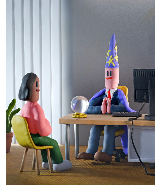 Das Bild zeigt eine skurrile Szene mit zwei anthropomorphen Figuren, von denen eine als Zauberer und die andere als Frau gekleidet ist, die an einem Schreibtisch mit einem Computermonitor sitzen. Die Zauberer-Figur trägt einen spitzen Hut und scheint sich mit der Frauenfigur, die auf einem Stuhl sitzt, zu unterhalten. Der Schreibtisch ist mit einer Tastatur und einem Computermonitor ausgestattet, was auf einen Arbeitsplatz oder eine kreative Umgebung hindeutet. Die gesamte Szene ist spielerisch und fantasievoll, wobei die Figuren miteinander und mit ihrer Umgebung zu interagieren scheinen.