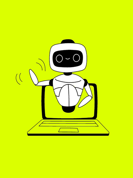 Das Bild zeigt einen Cartoon-Roboter mit einem freundlichen Gesichtsausdruck, der auf einem Laptop vor einem hellgelben Hintergrund sitzt. Der Roboter scheint mit dem Laptop zu interagieren, möglicherweise zu winken oder zu gestikulieren, als ob er in ein Gespräch oder eine Aktivität am Computer verwickelt wäre. Das Bild ist so gestaltet, dass es für eine Vielzahl von Nutzern zugänglich ist, auch für Menschen mit Sehbehinderungen, indem klare und einfache Grafiken, wenig Text und ein übersichtliches Layout verwendet werden.