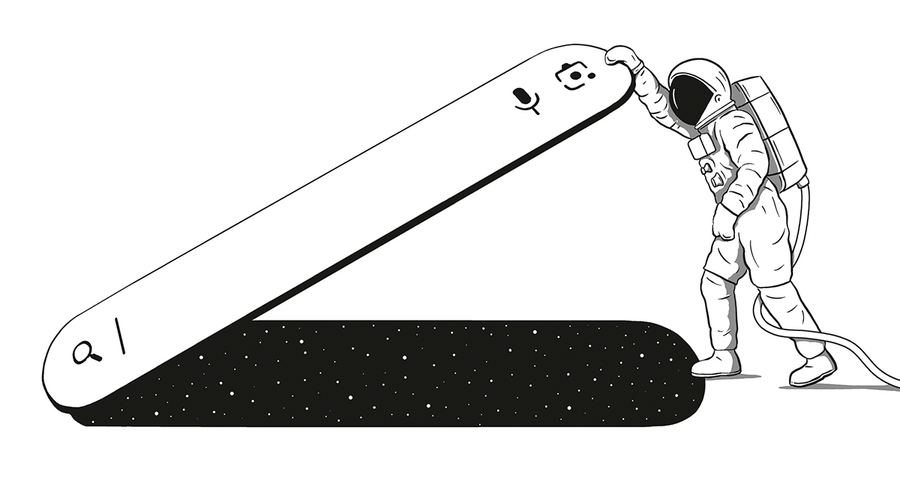 Das Bild ist eine Schwarz-Weiß-Illustration, die einen Astronauten in einem Raumanzug zeigt, der ein großes, rechteckiges Objekt mit einem Gesicht darauf hält. Der Astronaut scheint mit dem Objekt zu interagieren, das vor einem schwarzen Hintergrund mit Sternenhimmel platziert ist. Das Bild enthält keinen Text und keine weiteren Objekte, und der Astronaut befindet sich in der Mitte des Bildes.