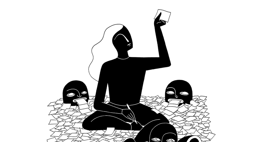 Das Bild ist eine Schwarz-Weiß-Illustration, die eine Frau zeigt, die inmitten eines Papierstapels sitzt, aus dem zwei weitere Gesichter hervortreten. Die Frau hält ein Blatt Papier in der Hand, und die Gesamtkomposition vermittelt einen Eindruck von Chaos oder Unordnung. Das Bild wird als „Schwarz-Weiß-Illustration” und „Papierstapel” beschrieben, was darauf hindeutet, dass es sich um eine visuelle Darstellung einer unorganisierten oder unordentlichen Situation handeln könnte. Das Bild wird als „künstlerische Darstellung” und „Skizze” beschrieben, was darauf hindeutet, dass es sich um eine kreative Interpretation der Szene handelt.