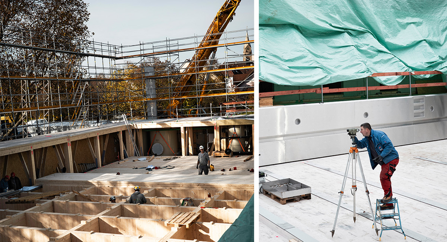 Das Bild ist eine Collage aus zwei Fotos. Das linke Foto zeigt eine Baustelle mit Arbeitern und Gerüsten, während das rechte Foto einen Fotografen auf einer Leiter zeigt, der Bilder von der Baustelle aufnimmt. Die Collage ist für alle Betrachter zugänglich, auch für Menschen mit Sehbehinderungen, da sie als barrierefreie Website gemäß den Vorgaben der EAA (European Association of Audiology) beschrieben wird.