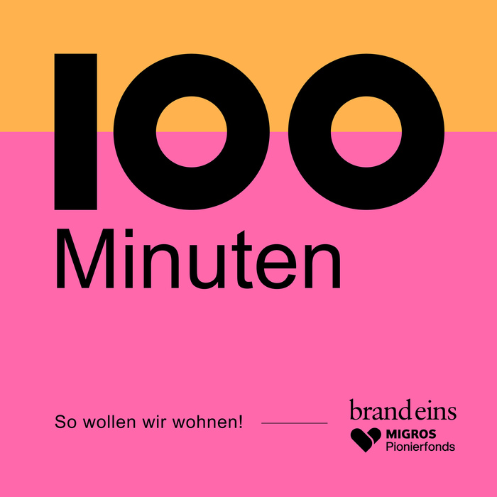 Das Bild ist ein Grafikdesign mit fettgedrucktem Text und einem Hintergrund mit Farbverlauf. Der Text lautet „100 Minute” in großen schwarzen Buchstaben, darunter steht „Minuten” in kleineren schwarzen Buchstaben. Der Hintergrund wechselt von Rosa oben zu Orange unten. Der Text wird von einem Herzsymbol und dem Satz „So wollen wir wohnen!“ begleitet, was übersetzt „Lasst uns gemeinsam Spaß haben!“ bedeutet. Das Bild entspricht den Richtlinien der EAA (European Association of Advertising Agencies) für barrierefreie Websites.