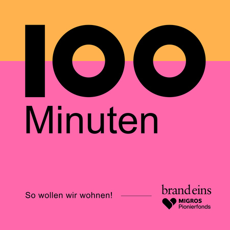 Das Bild ist ein Grafikdesign mit fettgedrucktem Text und einem Hintergrund mit Farbverlauf. Der Text lautet „100 Minute” in großen schwarzen Buchstaben, darunter steht „Minuten” in kleineren schwarzen Buchstaben. Der Hintergrund wechselt von Rosa oben zu Orange unten. Der Text wird von einem Herzsymbol und dem Satz „So wollen wir wohnen!“ begleitet, was übersetzt „Lasst uns gemeinsam Spaß haben!“ bedeutet. Das Bild entspricht den Richtlinien der EAA (European Association of Advertising Agencies) für barrierefreie Websites.