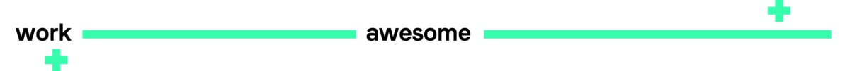 Das Bild zeigt ein grafisches Design mit weißem Hintergrund und einer grünen horizontalen Linie. Das Wort „work“ ist in schwarzer Schrift auf der linken Seite der Linie geschrieben, während das Wort „awesome“ in schwarzer Schrift auf der rechten Seite der Linie steht. In der oberen rechten Ecke des Bildes befinden sich zwei kleine grüne Quadrate. Das Design wirkt minimalistisch und modern und stellt die Wörter „work” und „awesome” in einem einfachen, klaren Layout dar.