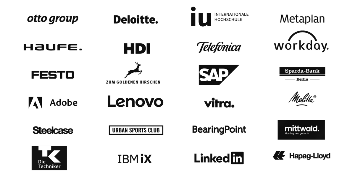 Das Bild zeigt eine Sammlung von Logos verschiedener Unternehmen, darunter „Otto Group“, „Deloitte“, „Internationale Hochschule“, „Metaplan“, „HAUFE“, „HDI“, „Telefonica“, „workday“, „FESTO“, „Zum GOLDENHINS HIRSCHEN“, „SAP“, „Spara-Bank“, „Stellcase“, „Urban Sports Club“, „ BearingPoint“, „mitwwald.de“, „Mittwald“, „Hapag-Lloyd“ und „IBMix“. Diese Logos sind in einem Rasterformat angeordnet und zeigen die Vielfalt der Corporate Identities.