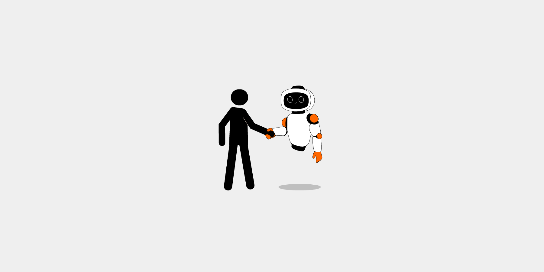 Das Bild zeigt eine einfache Illustration einer Person und eines Roboters, die sich die Hand geben. Die Person ist in Schwarz-Weiß dargestellt, während der Roboter farbenfroher und abstrakter dargestellt ist. Die Szene spielt sich vor einem schlichten weißen Hintergrund ab, wodurch die Interaktion zwischen den beiden Figuren betont wird. Das Bild enthält weder Text noch zusätzliche Objekte, wodurch es eine minimalistische und geradlinige Darstellung des Händedrucks zwischen der Person und dem Roboter ist.