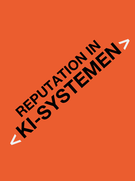 Das Bild ist ein Grafikdesign mit einem fettgedruckten schwarzen Text, der „REPUTATION IN K-SYSTEMEN“ auf orangefarbenem Hintergrund lautet. Ein weißer Pfeil zeigt auf die rechte Seite des Textes und vermittelt so ein Gefühl von Richtung oder Bewegung. Das Design wirkt wie ein Poster oder eine Werbung, wobei der Text und der Pfeil auf visuell ansprechende Weise angeordnet sind.