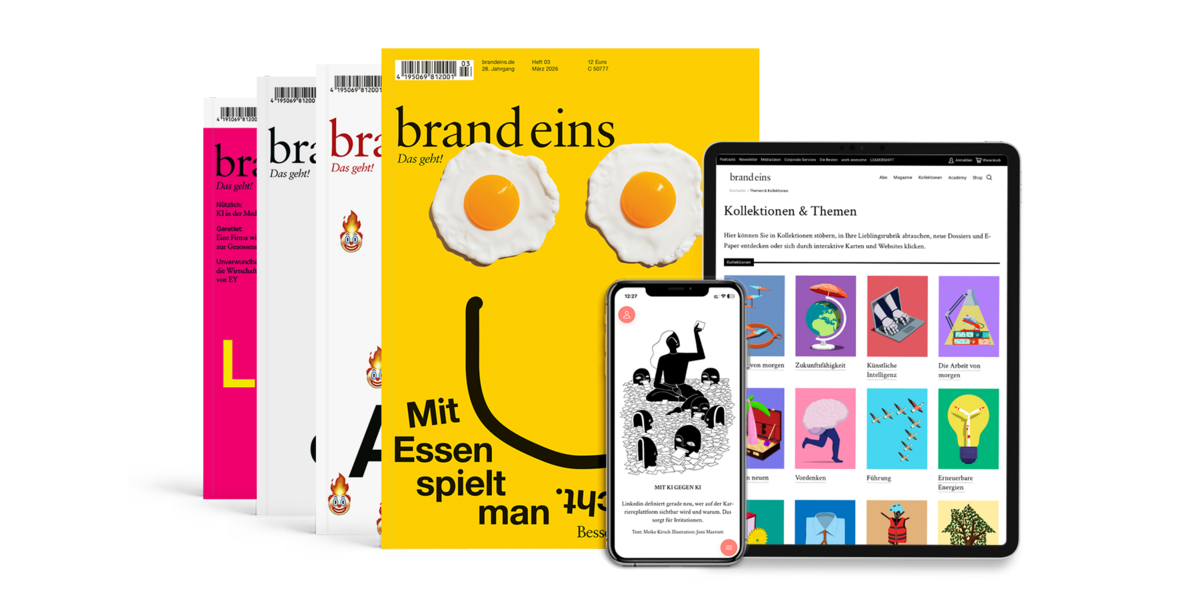 Das Bild zeigt eine Sammlung von designbezogenen Gegenständen, darunter eine Zeitschrift mit einem gelben Cover, auf dem zwei Spiegeleier abgebildet sind, ein Tablet mit einer farbenfrohen Benutzeroberfläche und ein Smartphone mit einer schwarz-weißen Illustration. Die Gegenstände sind so angeordnet, dass sie die Vielfalt der verfügbaren designbezogenen Inhalte präsentieren, möglicherweise für eine Website oder eine digitale Plattform. Das Bild ist für Nutzer mit Behinderungen zugänglich, da es so gestaltet ist, dass es für Menschen mit unterschiedlichen Fähigkeiten leicht navigierbar und verständlich ist.