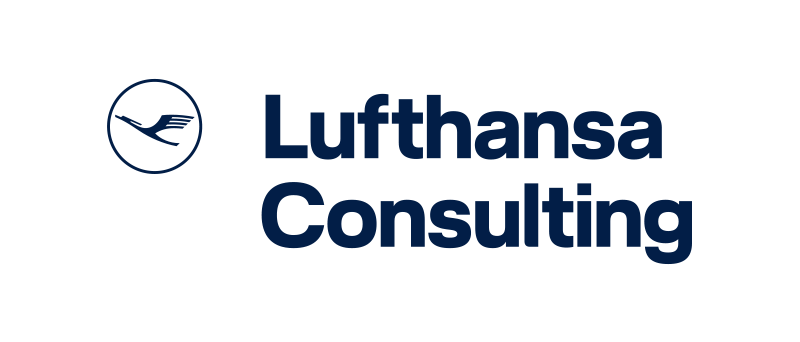 Das Bild zeigt das Logo von Lufthansa Consulting, einem Unternehmen, das Beratungsdienstleistungen für die Luftfahrtindustrie anbietet. Das Logo ist auf schwarzem Hintergrund dargestellt, wobei der Name des Unternehmens in blauer Schrift geschrieben ist. Das Logo enthält ein Vogelsymbol, das häufig mit der Luftfahrtindustrie in Verbindung gebracht wird. Der Name des Unternehmens befindet sich in der Mitte des Bildes, wodurch er gut lesbar und optisch ansprechend ist.