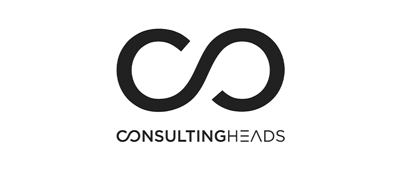 Das Bild zeigt ein schwarz-weißes Logo für ein Unternehmen namens „Consultingheads“. Das Logo besteht aus zwei stilisierten Buchstaben, „C“ und „O“, die durch eine Linie verbunden sind und die Hauptelemente des Designs bilden. Unterhalb des Logos ist der Name des Unternehmens „Consultingheads“ in kleinerer Schrift geschrieben. Das Logo ist schlicht und klar, mit einem minimalistischen Design, das leicht zu lesen und zu verstehen ist.