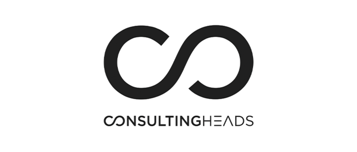 Das Bild zeigt ein schwarz-weißes Logo für ein Unternehmen namens „Consultingheads“. Das Logo besteht aus zwei stilisierten Buchstaben, „C“ und „O“, die durch eine Linie verbunden sind und die Hauptelemente des Designs bilden. Unterhalb des Logos ist der Name des Unternehmens „Consultingheads“ in kleinerer Schrift geschrieben. Das Logo ist schlicht und klar, mit einem minimalistischen Design, das leicht zu lesen und zu verstehen ist.