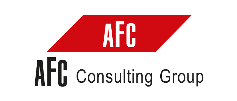Das Bild zeigt das Logo der „AFC Consulting Group“, einem Unternehmen, das sich auf Unternehmensberatung spezialisiert hat. Das Logo besteht aus einem fettgedruckten roten „AFC“-Schriftzug in der Mitte vor einem schwarzen Hintergrund. Unterhalb des Haupttextes ist der Name des Unternehmens „AFC Consulting Group“ in kleinerer Schrift ebenfalls in Schwarz geschrieben. Das Logo ist dank der kontrastierenden Farben und der klaren Textanordnung gut lesbar und optisch ansprechend gestaltet.
