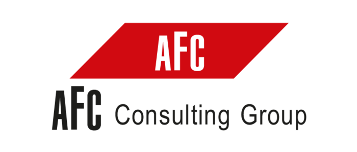 Das Bild zeigt das Logo der „AFC Consulting Group“, einem Unternehmen, das sich auf Unternehmensberatung spezialisiert hat. Das Logo besteht aus einem fettgedruckten roten „AFC“-Schriftzug in der Mitte vor einem schwarzen Hintergrund. Unterhalb des Haupttextes ist der Name des Unternehmens „AFC Consulting Group“ in kleinerer Schrift ebenfalls in Schwarz geschrieben. Das Logo ist dank der kontrastierenden Farben und der klaren Textanordnung gut lesbar und optisch ansprechend gestaltet.