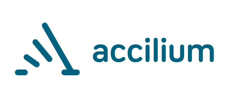 Das Bild zeigt das Logo eines Unternehmens namens „accilion“. Das Logo besteht aus einer blauen Strichzeichnung einer Lichtquelle, die eine stilisierte Darstellung einer Glühbirne oder Lampe zu sein scheint. Das Wort „accilion“ ist in einer größeren blauen Schrift unterhalb der Lichtquelle geschrieben, wodurch ein optisch ansprechendes und zugängliches Logo-Design entsteht.