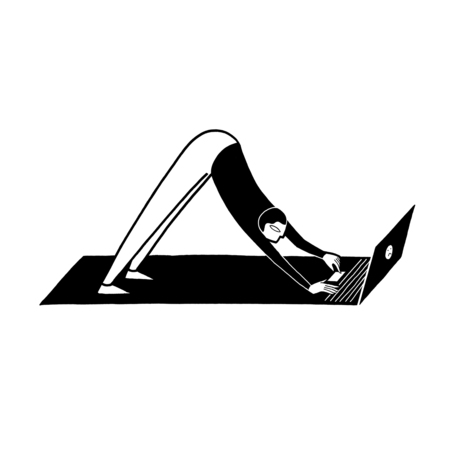 Das Bild zeigt eine stilisierte Illustration einer Person in einer Yoga-Pose, mit nach hinten geneigtem Kopf und auf einem Laptop ruhenden Händen. Die Person befindet sich auf einer ebenen Fläche, möglicherweise einer Yogamatte, und der Laptop ist geöffnet und auf ihrem Schoß platziert. Das Bild ist in Schwarz-Weiß gehalten, was ihm einen minimalistischen und künstlerischen Charakter verleiht. Die Pose der Person und der Laptop deuten auf eine Verbindung zwischen der körperlichen Praxis des Yoga und der modernen Nutzung von Technologie hin und symbolisieren möglicherweise die Verschmelzung von traditionellem und zeitgenössischem Lebensstil.