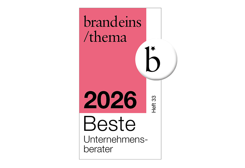 Das Bild ist ein Grafikdesign für eine Website mit einem rosa Hintergrund und einem Farbschema in Weiß und Schwarz. Das Design umfasst Text und ein kreisförmiges Logo mit einem Stern. Der Text auf der Website lautet „brandeins / thema” und „2026 Beste Unternehmen-berater”, was darauf hinweist, dass es sich bei der Website um eine Plattform handelt, auf der Nutzer verschiedene Marken und Produkte teilen und bewerten können.