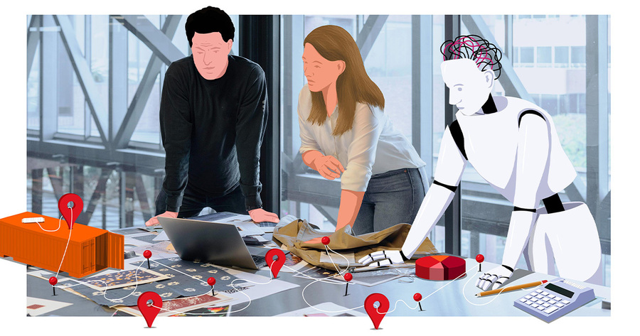Das Bild zeigt drei Personen und einen Roboter in einem Raum mit einem großen Fenster. Der Roboter steht auf einem Tisch, auf dem verschiedene Gegenstände liegen, darunter ein Laptop, ein Taschenrechner und eine rote Schachtel. Die Personen stehen um den Tisch herum und diskutieren oder arbeiten an einem Projekt. Der Raum ist modern und zeitgemäß eingerichtet, ein großes Fenster sorgt für Tageslicht. Das Bild ist optisch ansprechend und leicht verständlich, sodass es sich für eine barrierefreie Website eignet, die den EAA-Richtlinien entspricht.