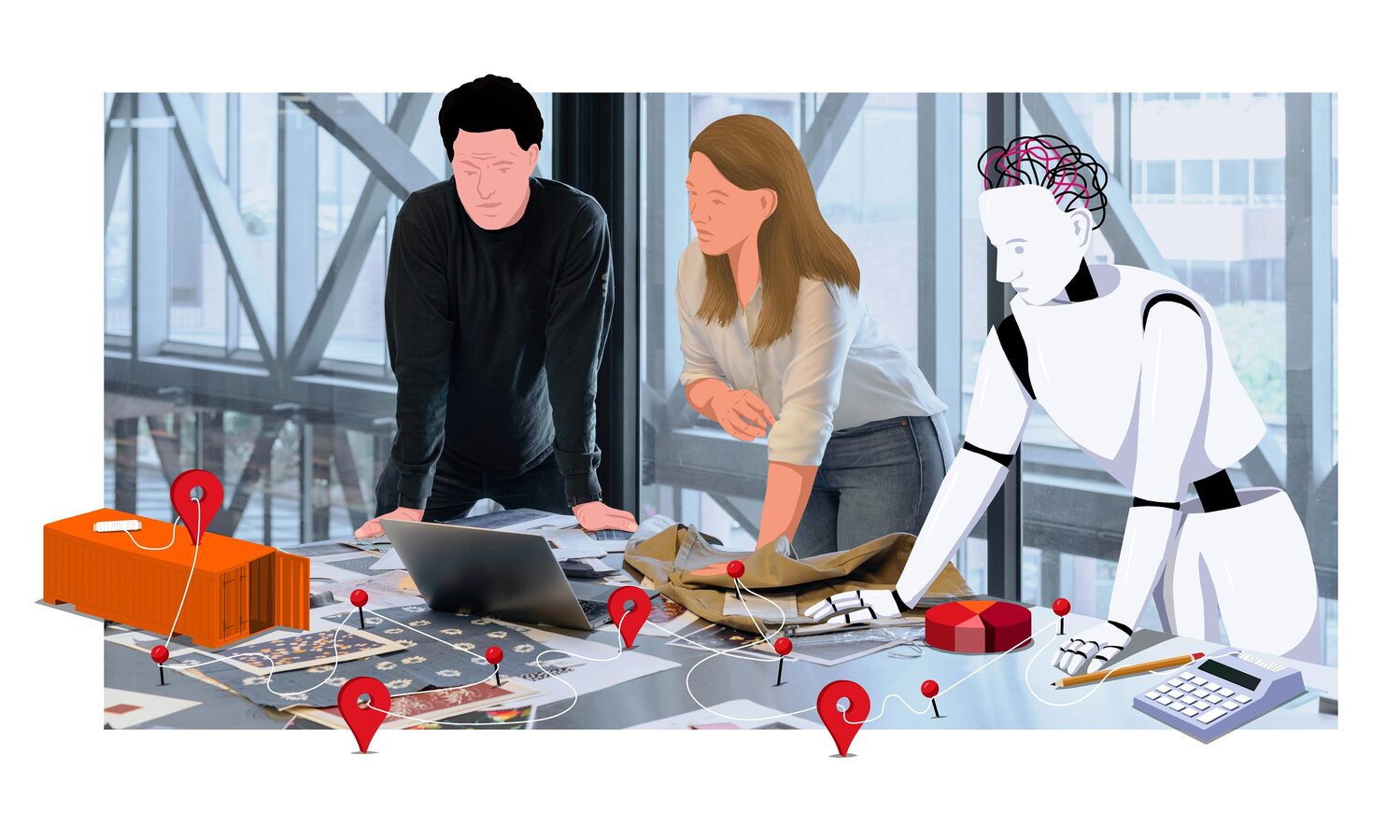 Das Bild zeigt drei Personen und einen Roboter, die gemeinsam an einem Tisch arbeiten. Auf dem Tisch liegen verschiedene Gegenstände, darunter ein Laptop, ein Taschenrechner und eine Karte. Die Personen stehen und schauen auf den Laptop, während der Roboter auf der rechten Seite des Tisches positioniert ist. Die Szene scheint in einer Büroumgebung zu spielen, im Hintergrund ist ein Fenster zu sehen.