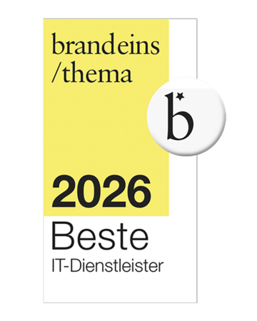 Das Bild ist ein Grafikdesign für eine Website mit gelbem Hintergrund, schwarzem Text und einem weißen Button mit einem schwarzen Sternsymbol. Der Text auf der Website weist darauf hin, dass es sich um eine Auszeichnung „brandeins / thema” für „2026 Beste IT-Dienstleister” handelt. Das Design ist für alle Nutzer zugänglich, auch für Menschen mit Sehbehinderungen, da es den EAA-Richtlinien für Barrierefreiheit entspricht.