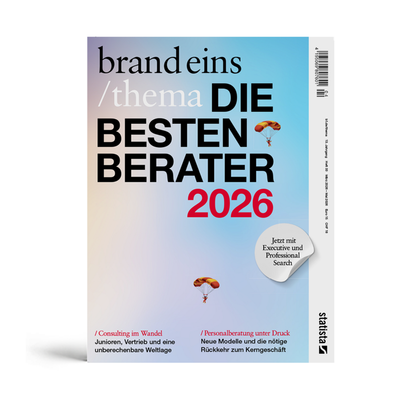 Das Bild ist das Cover einer Zeitschrift oder Publikation mit dem Titel „brand eins / thema die BESTEN BERATER 2026” und zeigt einen Hintergrund mit einem Farbverlauf von Blau zu Orange. Das Cover enthält außerdem deutschen Text, darunter die Ausdrücke „Consulting im Welt”, „Junioren”, „Verstände”, „Nue Modell und die Druck” und „Rickkehr zum Ker Geschicht”. Das Coverdesign zeigt zwei Fallschirmspringer, einen in der Mitte und einen weiteren unten rechts, die der Gesamtkomposition ein dynamisches Element verleihen.