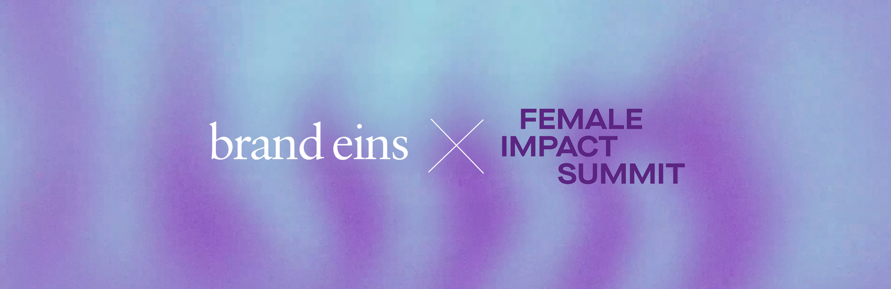 Das Bild ist ein Grafikdesign mit violettem Hintergrund und weißem Text. Der Text lautet „brand eins” auf der linken Seite und „FEMALE IMPACT SUMMIT” auf der rechten Seite. Der Text ist so angeordnet, dass er leicht lesbar und optisch ansprechend ist, wobei der Text „eins” über dem Text „impact” positioniert ist, wodurch ein ausgewogenes Layout entsteht. Das Gesamtdesign ist klar und modern, wobei der Text als visuelles Hauptelement im Vordergrund steht.