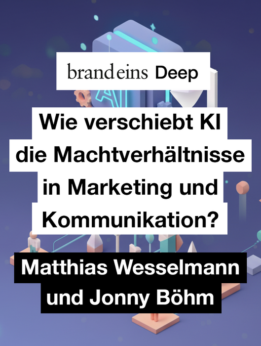 Das Bild ist eine Grafik mit blauem Hintergrund, auf der eine Stadtlandschaft im 3D-Stil und verschiedene Objekte zu sehen sind. Der Textüberzug in deutscher Sprache lautet „Wie verändert KI die Machtverhältnisse in Marketing und Kommunikation?“ und enthält die Namen „Mythias Wesselmann und Jonny Böhm“. Das Bild scheint eine Werbegrafik oder Anzeige für eine Marke oder ein Produkt zu sein, die bzw. das mit Marketing und Kommunikation in Verbindung steht.