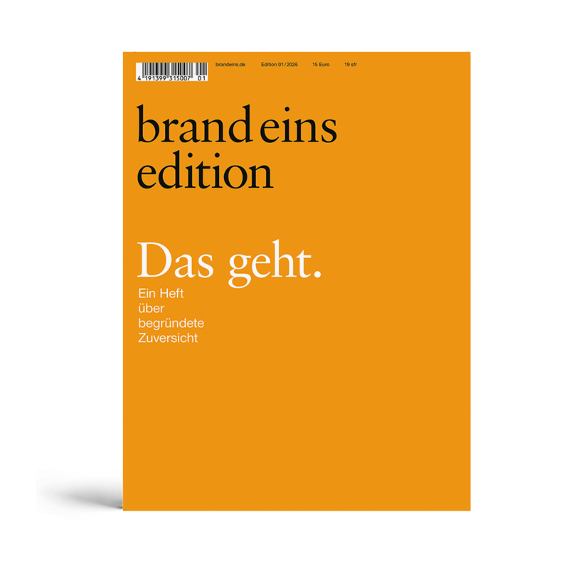 Das Bild zeigt das Cover einer Zeitschrift oder Publikation, das überwiegend in Orange und Weiß gehalten ist. Der Titel „brand eins edition“ ist in großem schwarzen Schriftzug deutlich hervorgehoben. Unterhalb des Titels befindet sich ein Untertitel in kleinerer weißer Schrift mit dem Wortlaut „Das geht“. Der restliche Text ist schwarz, und auf der linken Seite des Covers ist ein Barcode zu sehen. Das Cover enthält außerdem einen kleinen Abschnitt mit dem Text „Ein Heft über begründete Zuversicht“ in weißer Schrift. Das Bild wird als für alle Nutzer zugänglich beschrieben und als Website, die den Richtlinien der EAA (European Association of Advertising Agencies) entspricht.