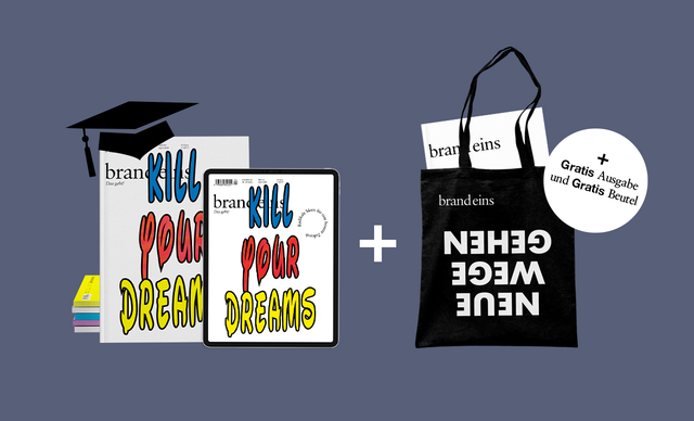 Das Bild zeigt ein Grafikdesign mit einer Abschlusskappe, einem Buch mit dem Titel „brandeins“ und einer Tasche, auf der der Schriftzug „brandeins“ zu sehen ist. Die Abschlusskappe befindet sich auf der linken Seite, während das Buch und die Tasche auf der rechten Seite platziert sind. Die Designelemente sind optisch ansprechend angeordnet: links die Abschlusskappe und das Buch, rechts die Tasche mit dem Schriftzug „brandeins“.