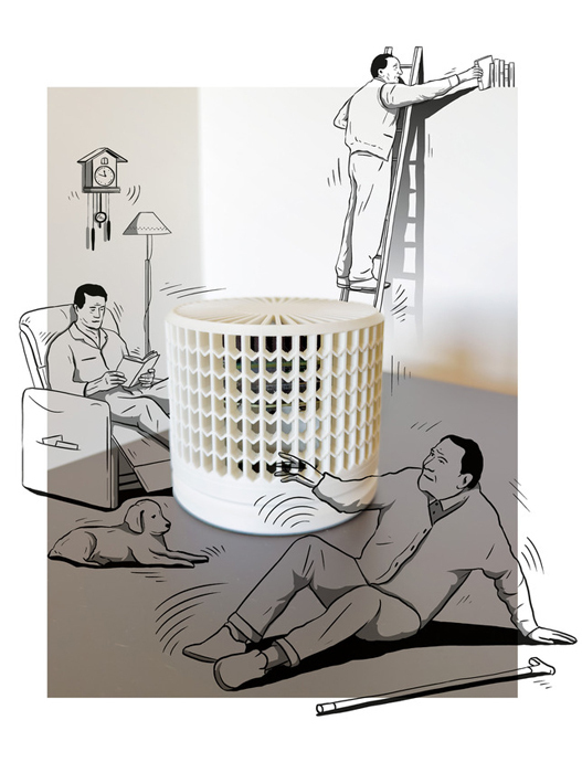 Das Bild ist eine Schwarz-Weiß-Illustration, auf der ein Mann zu sehen ist, der auf dem Boden neben einem weißen Gegenstand sitzt – möglicherweise einem Ventilator oder Luftreiniger –, während ein Hund in der Nähe liegt. Zu der Szene gehören außerdem ein Mann, der auf einer Leiter steht und möglicherweise an dem Gegenstand arbeitet, sowie ein weiterer Mann, der auf einem Stuhl sitzt. Die Illustration ist von einem Rahmen umgeben; es sind keine Texte oder weiteren Gegenstände zu erkennen.