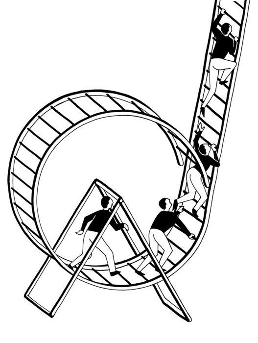 Das Bild ist eine Schwarz-Weiß-Illustration, die eine Gruppe von Menschen zeigt, die eine Wendeltreppe hinauf- und hinabsteigen. Die Treppe besteht aus einer Reihe miteinander verbundener Stufen, wodurch ein Gefühl von Bewegung und Vorwärtsgang entsteht. Die Menschen sind in verschiedenen Phasen des Auf- und Abstiegs dargestellt, was eine dynamische und fesselnde Szene vermittelt. Die Illustration ist von einem schlichten, minimalistischen Design umrahmt, wobei die Komposition durch den Verzicht auf Farbe und die Verwendung von Linien und Formen zum Ausdruck gebracht wird.