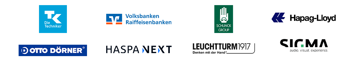 Das Bild zeigt eine Sammlung von sechs verschiedenen Logos, die jeweils für ein Unternehmen oder eine Organisation stehen. Die Logos sind in einem Raster angeordnet, wobei sich zwei Logos in der oberen Reihe und drei Logos in der unteren Reihe befinden. Die Logos sind überwiegend in Schwarz-Weiß gehalten, einige sind jedoch farbig. Die Logos scheinen aus verschiedenen Branchen zu stammen, darunter Technologie, Automobilindustrie und Wirtschaft.