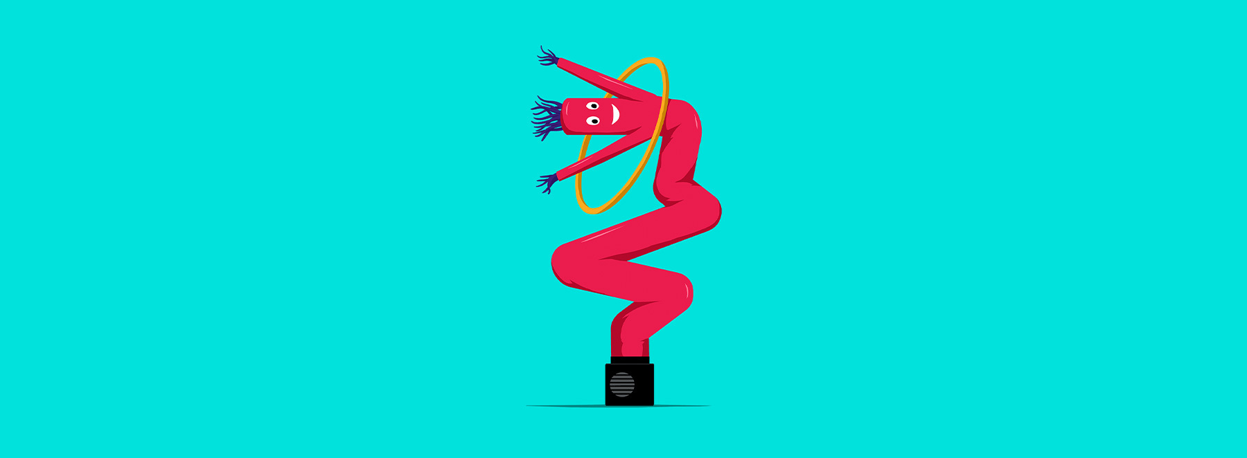 Das Bild zeigt eine lebhafte, cartoonartige Figur mit rotem Körper, einem gelben Hula-Hoop-Reifen um die Taille und einem schwarzen Schuh am Fuß. Die Figur steht auf einem schwarzen Sockel, der sich vor einem leuchtend blauen Hintergrund abhebt. Die Figur scheint in Bewegung zu sein, möglicherweise führt sie einen Tanzschritt aus oder ist gerade mit einer spielerischen Aktivität beschäftigt.