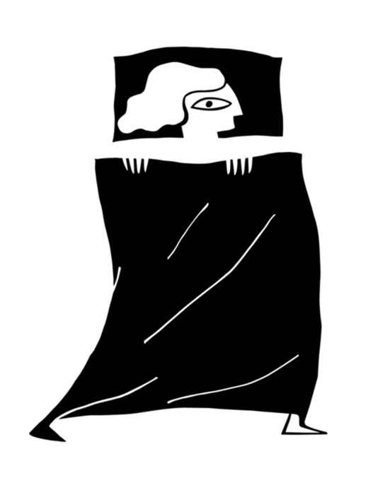 Das Bild ist eine Schwarz-Weiß-Illustration, die eine stilisierte menschliche Figur mit Gesicht und Armen zeigt, die in einer entspannten Haltung dasteht und ihren Kopf auf einem Kissen ruht. Die Figur trägt ein langes schwarzes Gewand, das im Mittelpunkt des Bildes steht. Die Schlichtheit des Designs und das Fehlen von Farbe schaffen eine minimalistische und abstrakte Darstellung der menschlichen Gestalt.