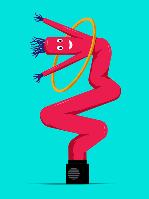 Das Bild zeigt eine lebhafte, cartoonartige Figur mit rotem Körper, einem gelben Ring um den Hals und einem Paar blauer Handschuhe an den Händen. Die Figur scheint in Bewegung zu sein und möglicherweise einen Tanzschritt oder einen akrobatischen Trick auszuführen. Die Szene spielt vor einem blaugrünen Hintergrund, der die farbenfrohe Figur ergänzt und zur allgemeinen visuellen Anziehungskraft des Bildes beiträgt.