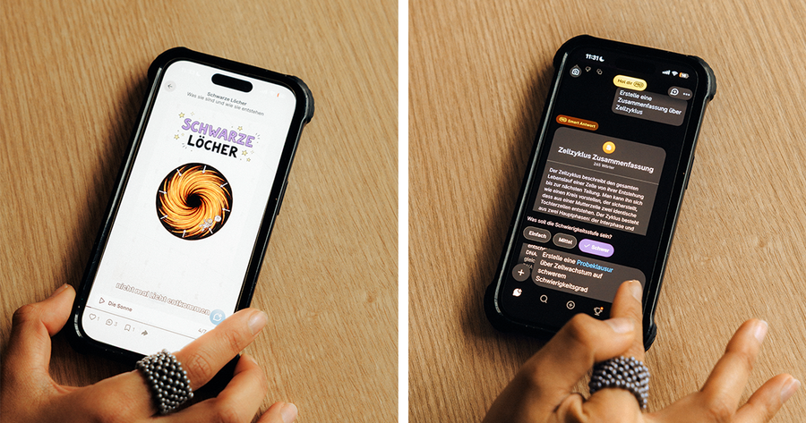 Das Bild zeigt zwei Hände, die Smartphones halten; die linke Hand hält ein Smartphone mit schwarzer Hülle, die rechte Hand ein Smartphone mit schwarzer Hülle. Auf dem linken Smartphone ist ein weißer Bildschirm mit einem Logo und Text zu sehen, während das rechte Smartphone eine Chat-Oberfläche mit violettem Hintergrund und verschiedenen Schaltflächen anzeigt. Das Bild ist eine Collage aus zwei Fotos, die jeweils einen anderen Aspekt der Smartphones und ihrer Nutzer einfangen.