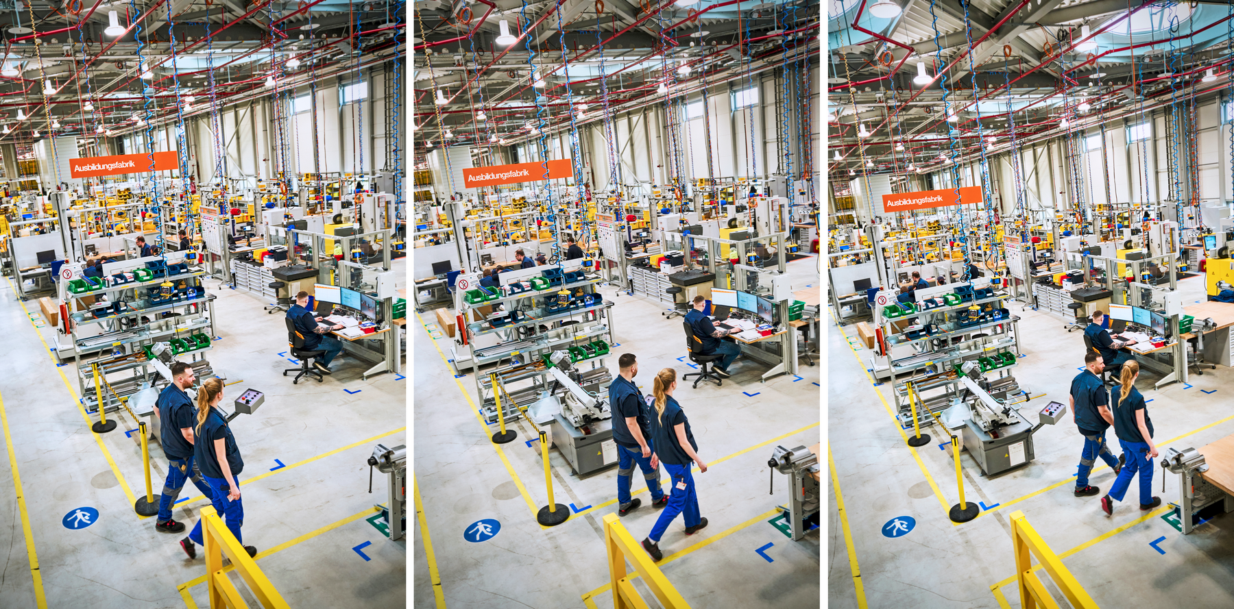 Das Bild ist eine Collage aus drei Fotos, die eine geschäftige Industrieumgebung mit Arbeitern und Maschinen zeigen. Die Fotos zeigen verschiedene Phasen des Fertigungsprozesses, von Arbeitern, die Maschinen bedienen, bis hin zu Maschinen im Hintergrund. Die Collage ist so gestaltet, dass sie für ein breites Spektrum von Nutzern, einschließlich Menschen mit Sehbehinderungen, zugänglich ist, indem sie ein klares und übersichtliches Layout der Bilder bietet. Die Fotos sind mit Bildunterschriften versehen, um den Kontext zu verdeutlichen und weitere Informationen zu den verschiedenen Phasen des Fertigungsprozesses zu liefern.