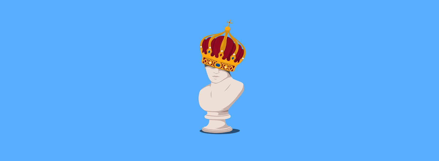 Das Bild zeigt die weiße Büste einer Person, die eine rot-goldene Krone trägt, vor einem einfarbigen blauen Hintergrund.