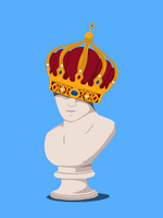 Das Bild zeigt die weiße Büste einer Person, die eine rot-goldene Krone trägt und auf einem Sockel vor blauem Hintergrund steht.
