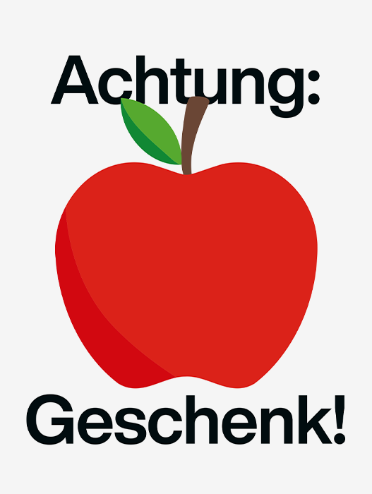 Das Bild zeigt einen stilisierten roten Apfel mit einem grünen Blatt darauf, begleitet von dem Text „Achtung: Geschek!“, was auf Deutsch „Achtung: Geschek!“ bedeutet. Der Text ist oberhalb und unterhalb des Apfels platziert, wodurch eine optisch ansprechende Komposition entsteht. Das Bild ist so gestaltet, dass es für ein breites Publikum zugänglich ist, einschließlich deutschsprachiger Nutzer, da es die beabsichtigte Botschaft ohne visuelle oder sprachliche Barrieren effektiv vermittelt.