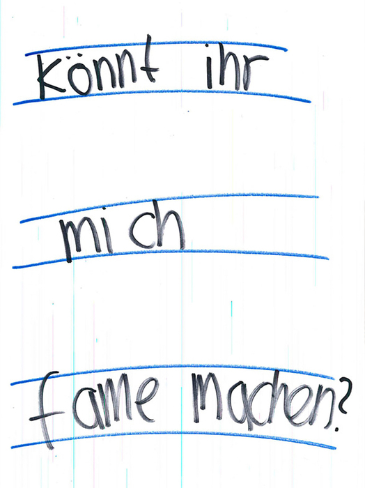 Das Bild ist ein Screenshot eines handgeschriebenen Textes auf Deutsch, in dem die Wörter durch blaue Linien voneinander getrennt sind. Der Text scheint eine Frage oder eine Aussage zu sein, die lautet: „Könnt ihr mich fase maden?“, was übersetzt so viel bedeutet wie „Wer ist da?“ oder „Wer ist das?“. Der handschriftliche Stil und die blauen Linien lassen auf einen eher lockeren, handschriftlichen Charakter des Textes schließen.