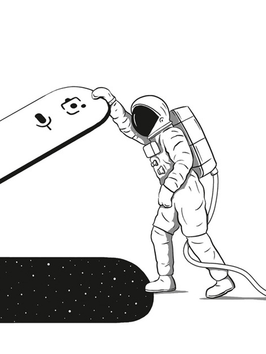 Das Bild ist eine Schwarz-Weiß-Illustration, die einen Astronauten in einem Raumanzug zeigt, der ein großes Objekt in der Hand hält, das einem Skateboard ähnelt und ein Gesicht darauf hat. Der Astronaut steht vor einem schwarzen Hintergrund, der an den Weltraum erinnert, und das Objekt befindet sich über seinem Kopf. Die Gesamtkomposition ist schlicht und klar und konzentriert sich auf den Astronauten und das Skateboard.