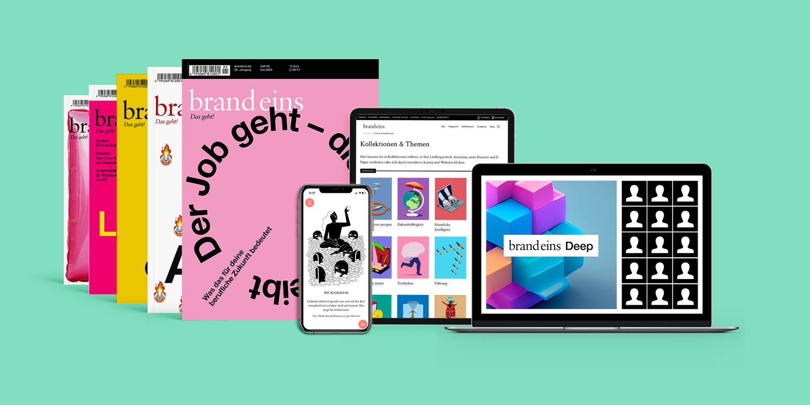 Das Bild zeigt eine Auswahl an digitalen Medien und Design-Tools, darunter einen Laptop, ein Tablet, ein Smartphone und eine Zeitschrift, die alle vor einem blaugrünen Hintergrund zu sehen sind. Die Geräte und Materialien sind so angeordnet, dass ihre Funktionen und Möglichkeiten zur Geltung kommen; das Bild ist vermutlich für eine barrierefreie Website bestimmt, die den Richtlinien der EAA (European Association of Advertising Agencies) entspricht.